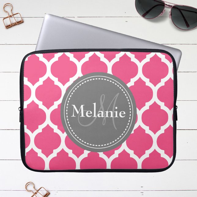 Monogrammed Bright Pink & Grey Quatrefoil Laptop Sleeve (Creator Uploaded)
