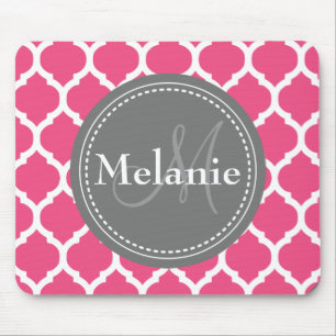Monogrammed Bright Pink & Grey Quatrefoil Mouse Pad