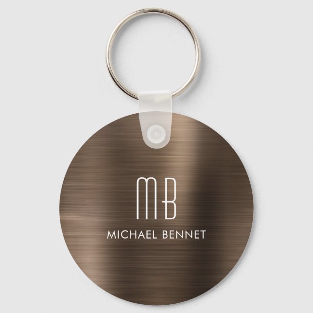 Monogrammed Bronze Brown Faux Brushed Metal Key Ring (Front)