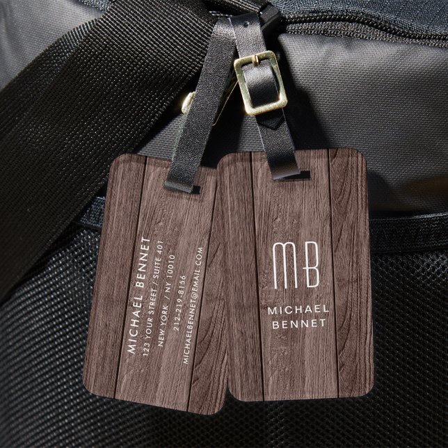 Monogrammed Brown Faux Wood Texture Luggage Tag (Monogrammed Brown Faux Wood Texture Luggage Tag)