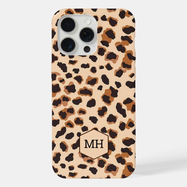 Monogrammed Brown Leopard Pattern Modern Chic iPhone Case (Back)
