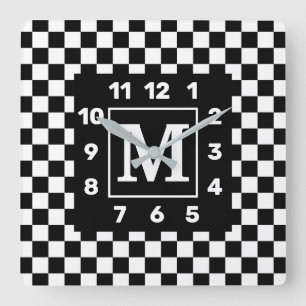 Monogrammed BW Chequered Square Wall Clock