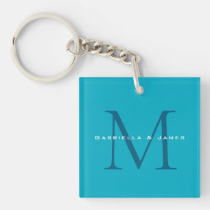 Monogrammed Calligraphy Azure Blue Modern Plain Key Ring
