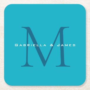 Monogrammed Calligraphy Azure Blue Modern Plain Square Paper Coaster