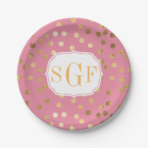 Monogrammed Candy Pink and Gold Glitter City Dots Paper Plate