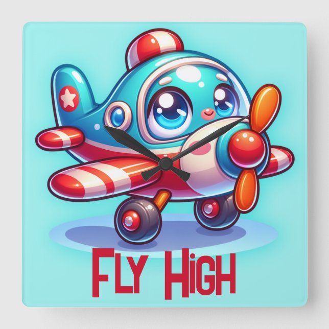 Monogrammed Cartoon plane blue | Square Wall Clock (Front)