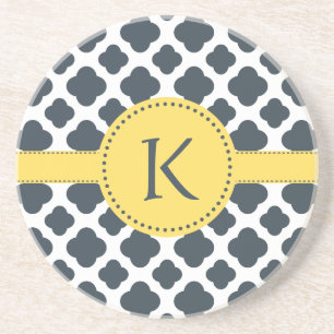 Monogrammed Charcoal and  White Quatrefoil Pattern Coaster