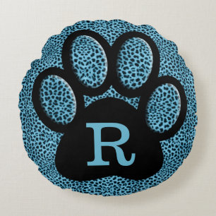 Monogrammed Cheetah Print in Blue with Cat Paw Round Cushion