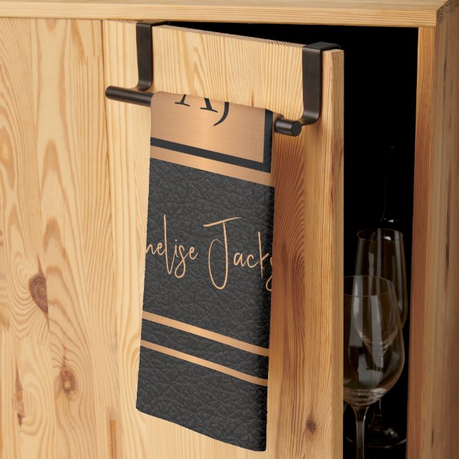 Monogrammed chef name personalised black gold tea towel (Thirds Fold)