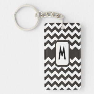 Monogrammed Chevron Keychain: Black, White Zigzags Key Ring
