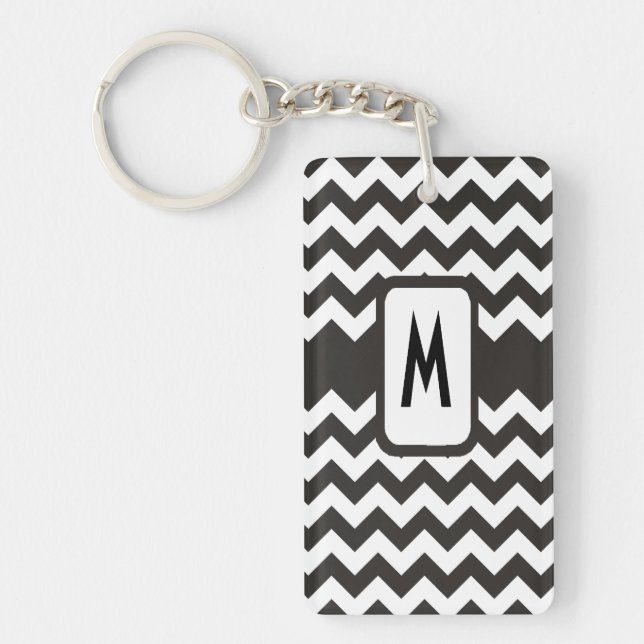 Monogrammed Chevron Keychain: Black, White Zigzags Key Ring (Front)