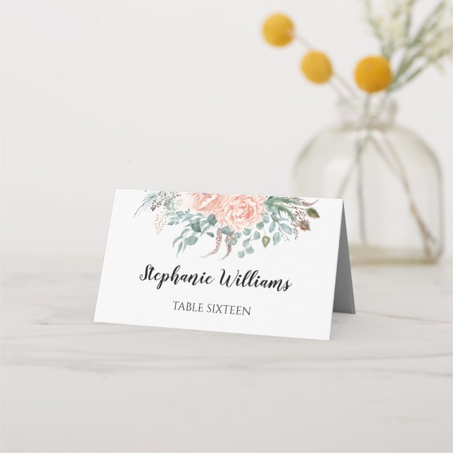 Monogrammed Chic Blush Floral Place Card (Front)
