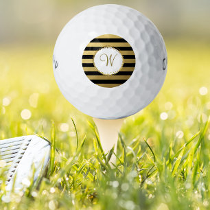 Monogrammed Chic Golf Balls Black Gold Stripe