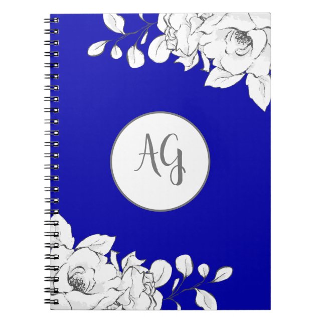 Monogrammed Chic Modern Royal Blue White Floral Notebook (Front)