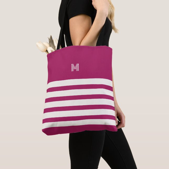 Monogrammed | Chic Stripes Berry Tote Bag (Close Up)