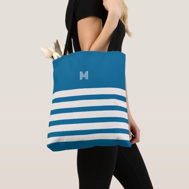 Monogrammed | Chic Stripes Ocean Tote Bag (Close Up)