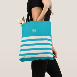 Monogrammed Chic Stripes Turquoise Tote Bag