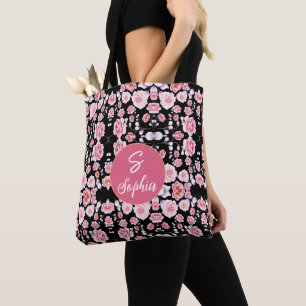 Monogrammed chic vintage pink FLower Tote Bag