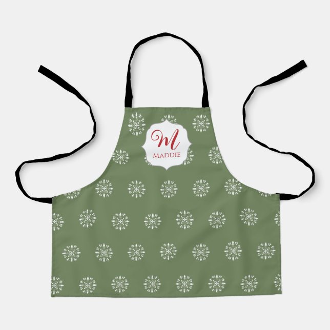Monogrammed Christmas Cute Simple Snowflake Green Apron (Front)