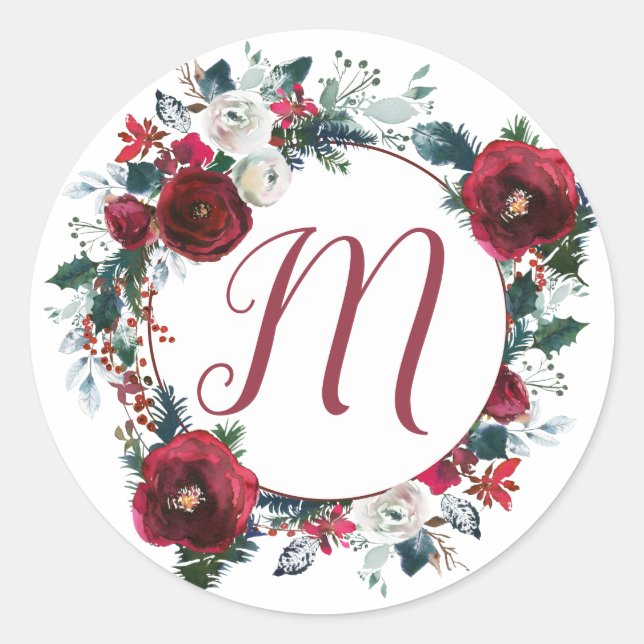 Monogrammed Christmas floral burgundy roses wreath Classic Round Sticker (Front)