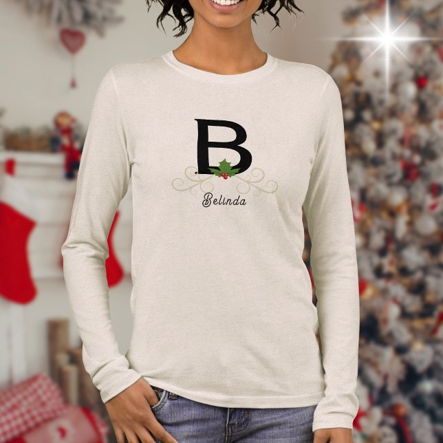 Monogrammed Christmas Holly Long Sleeve Tri-Blend Shirt (Matching family Christmas tshirt for her with monogram and holiday graphic)