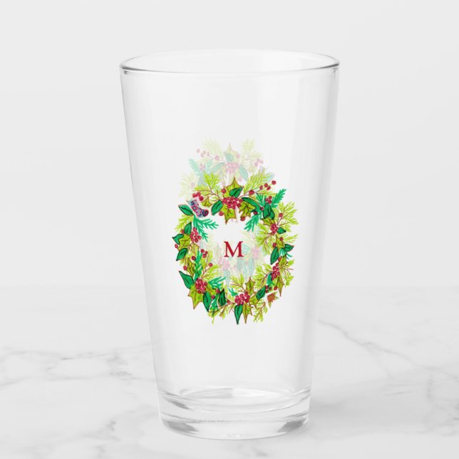 Monogrammed Christmas Wreath Glass (Front)