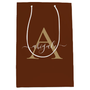 Monogrammed Cinnamon Brown Gold Minimal Elegant Medium Gift Bag