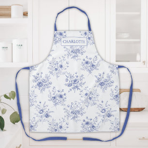 Monogrammed Classic Blue Flowers Floral Pattern Apron