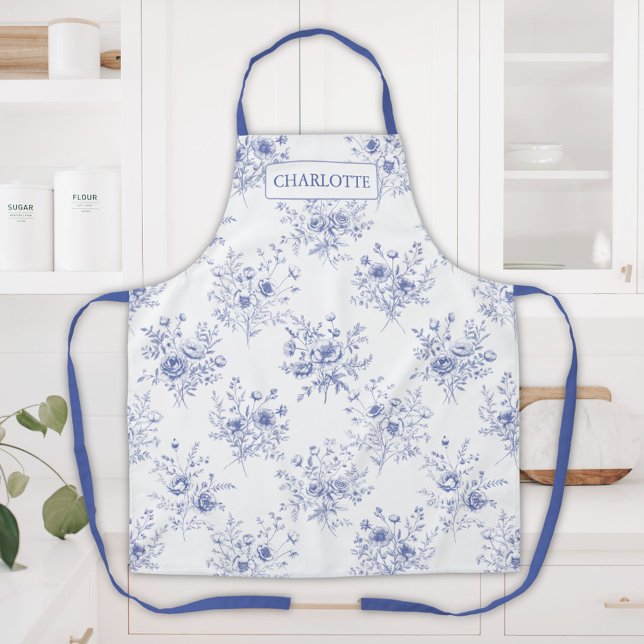 Monogrammed Classic Blue Flowers Floral Pattern Apron (In situ)