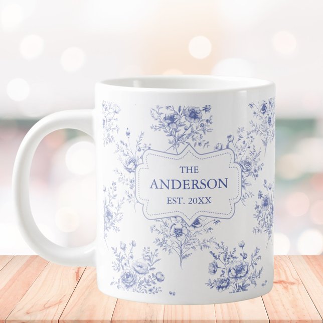 Monogrammed Classic Blue Flowers Floral Pattern Large Coffee Mug (In situ)