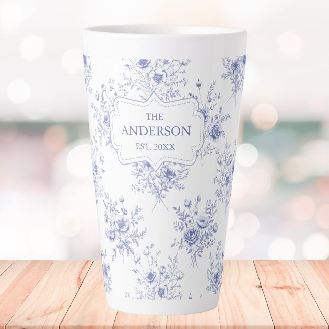 Monogrammed Classic Blue Flowers Floral Pattern Latte Mug (In situ)