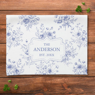 Monogrammed Classic Blue Flowers Floral Pattern Tea Towel