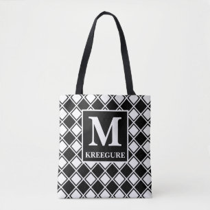 Monogrammed Classic Serif BW Checkered Tilt Tote Bag