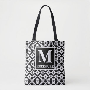 Monogrammed Classic Serif BW Clematis Tote Bag