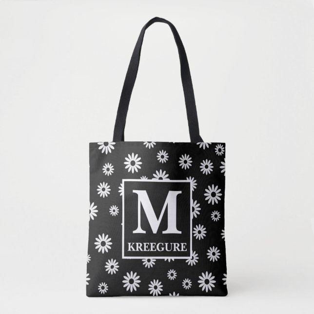 Monogrammed Classic Serif BW Daisies Tote Bag (Front)