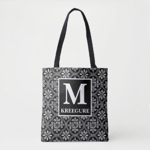 Monogrammed Classic Serif BW Thistle Damask Tote Bag