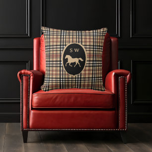 Monogrammed Classic Tartan Plaid Horse Mocha Brown Cushion