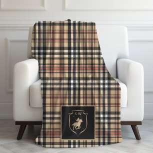 Monogrammed Classic Tartan Plaid Polo Mocha Brown Fleece Blanket