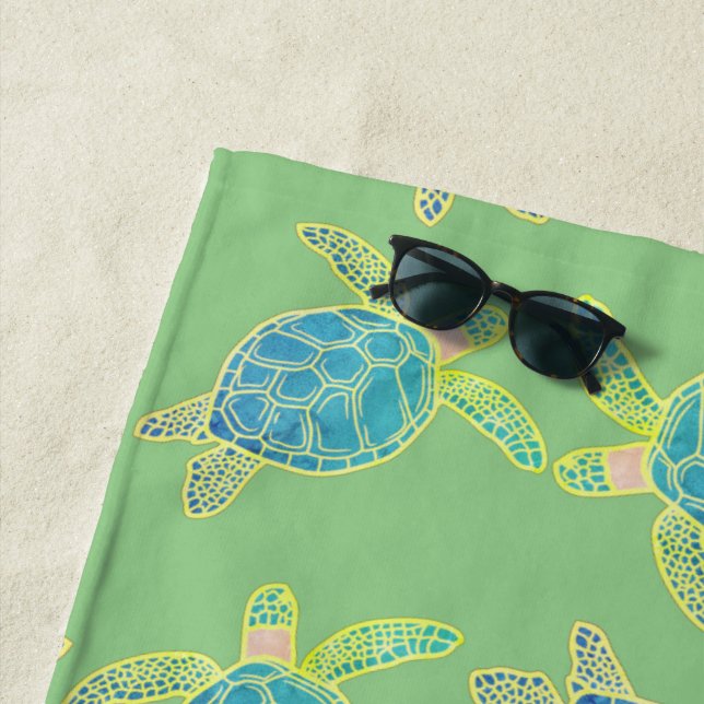Monogrammed Coastal Sea Turtle  Blue yellow Green  Beach Towel (In Situ)