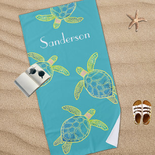 Monogrammed Coastal Sea Turtle Blue yellow Green Beach Towel