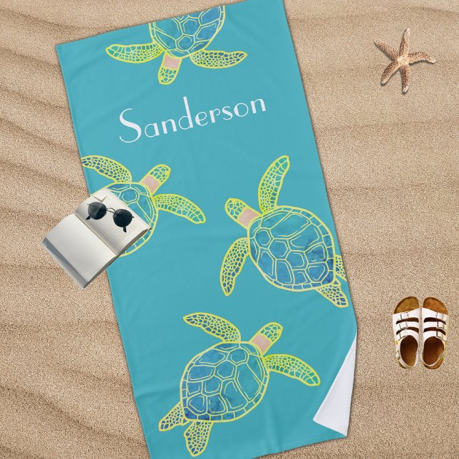 Monogrammed Coastal Sea Turtle  Blue yellow Green  Beach Towel (Creator Uploaded)