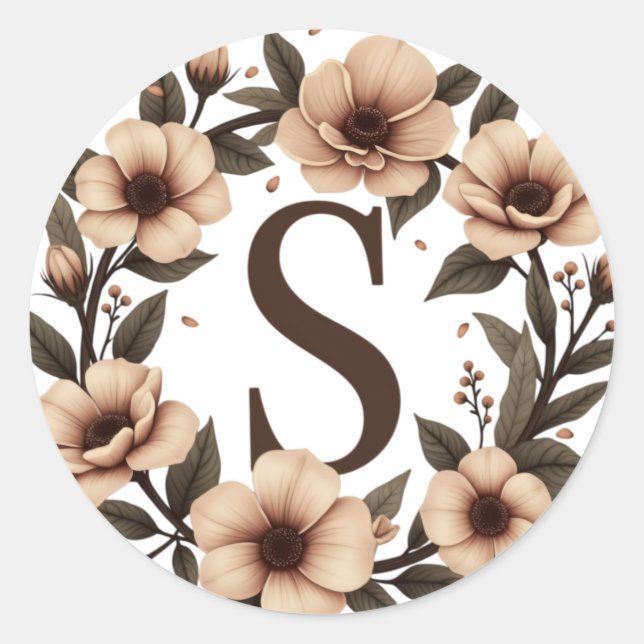 Monogrammed Coffee Bean Wreath Classic Round Sticker (Front)
