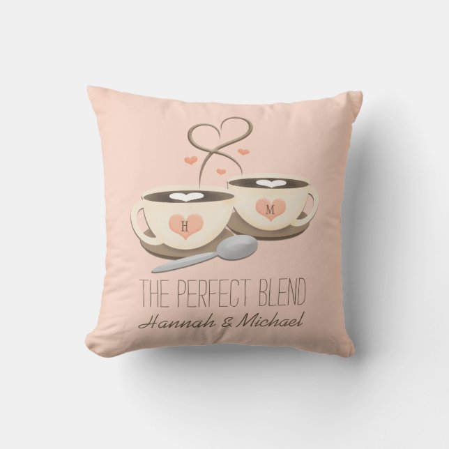 Monogrammed Coffee Cups Heart Wedding Cushion (Front)
