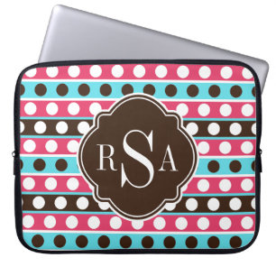 Monogrammed Colorful Dots and Stripes Pattern Laptop Sleeve