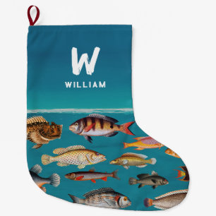 Monogrammed Colourful Fish Under Blue Ocean  Large Christmas Stocking