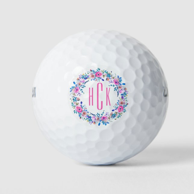 Monogrammed Colourful Flowers Wreath Wreath Design Golf Balls (Front)