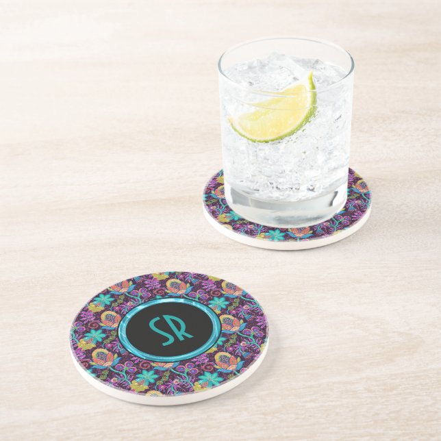 Monogrammed Colourful Glass Beads Floral Design Coaster (Side)