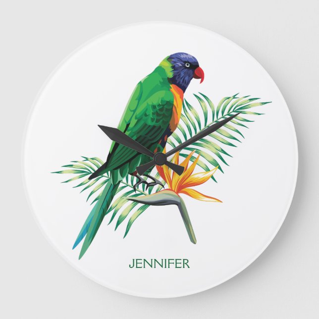 Monogrammed Colourful Parrot And Flowers Large Clock (Front)