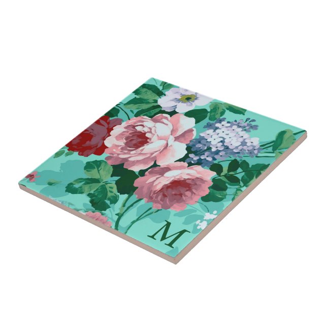 Monogrammed Colourful Roses Tile (Side)