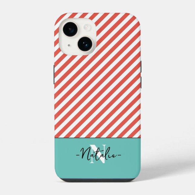 Monogrammed colourful striped pattern Red and blue iPhone Case (Back)